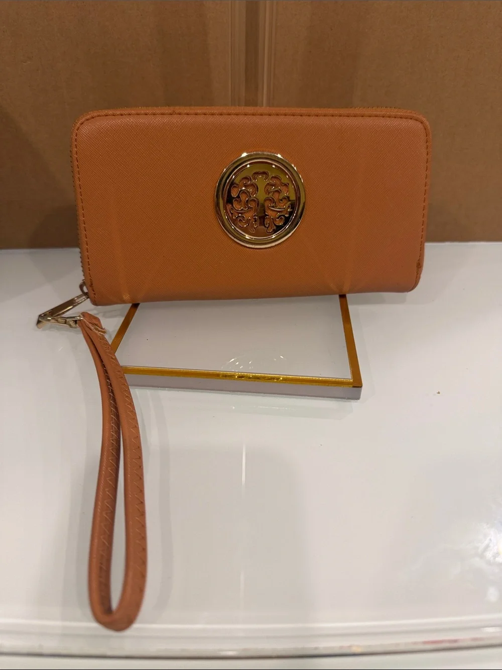 Tory Burch Caramel Tan Wristlet with Gold Logo Medallion